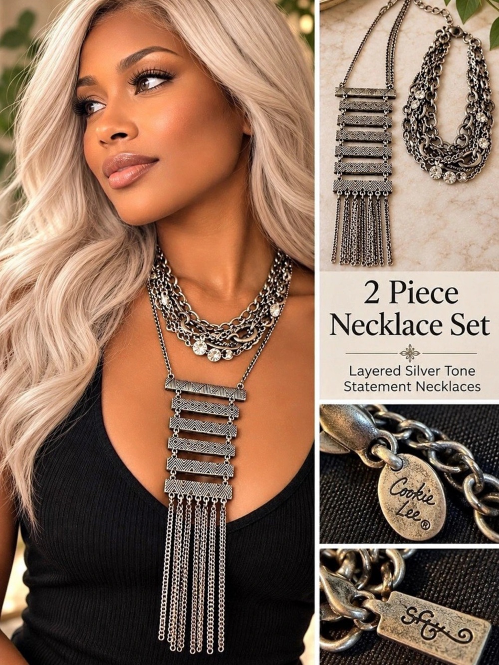 Cookie Lee 2 Piece Necklace Set Layered Statement Necklace Set in Silver & Black